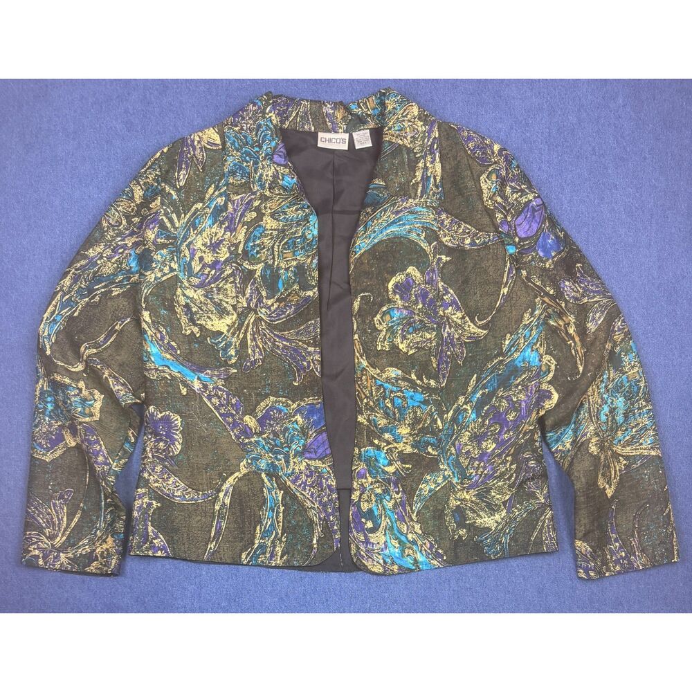 Chico's Size 3 Silk Floral Paisley Blazer Jacket Black Blue Purple Gold